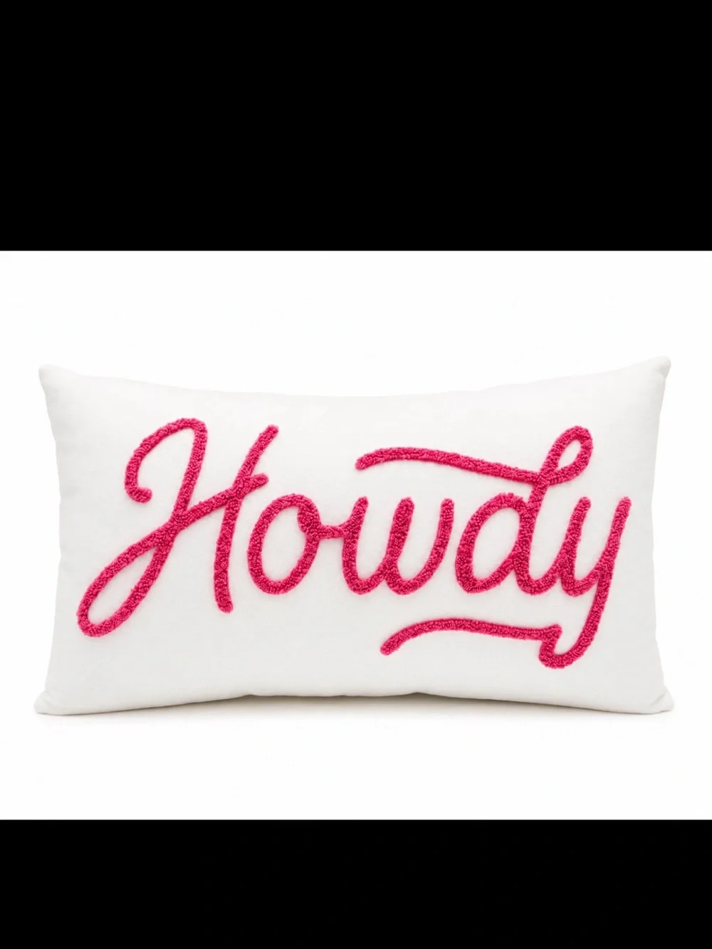 White Pillow with Pink 'Howdy' Chenille Script
